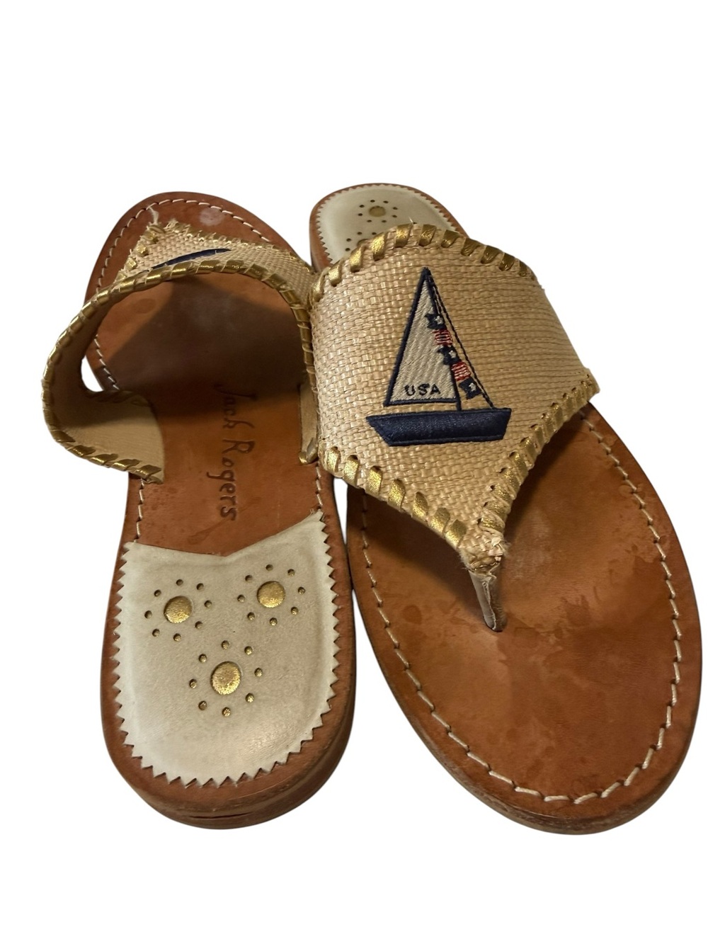 Jack Rogers Nautical Sailboat Sandals Women’s Size 10M Gold Raffia Leather